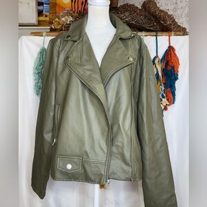 Vine & Valley Moto Jacket Women’s Large Winter Moss Faux Leather Zip Pockets